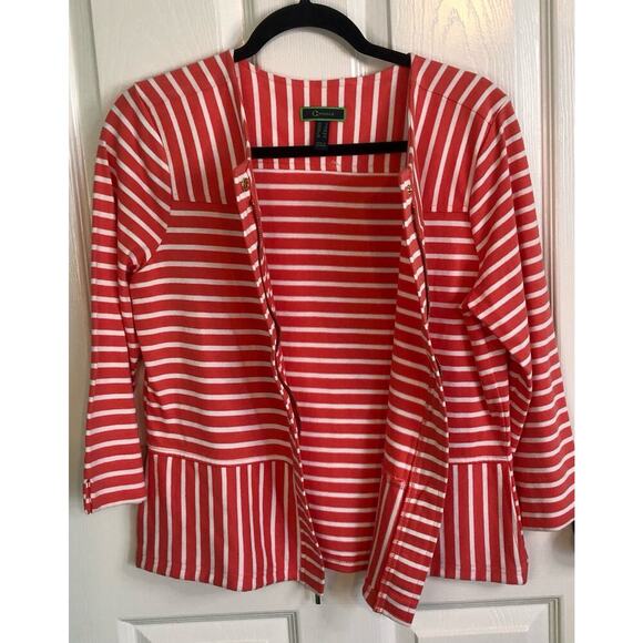 C Wonder Women's Size 6 Coral Stripe Zip Front 3/4 Sleeve Cotton Knit Jacket - Picture 2 of 8